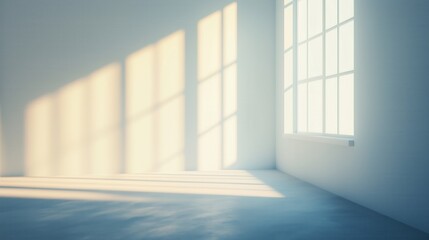 Obraz premium A bright, minimalistic room with soft shadows cast by sunlight filtering through large windows, creating a serene atmosphere.