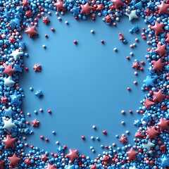 A vibrant square frame of pink and blue star-shaped and round sprinkles on a matching blue background, creating a festive and playful design