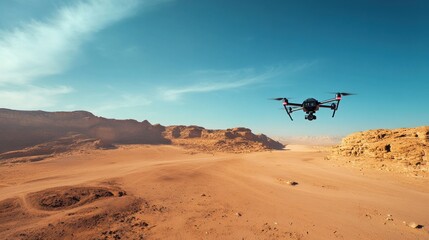 Aerial drone navigating desert landscape under clear sky conditions exploring vastness