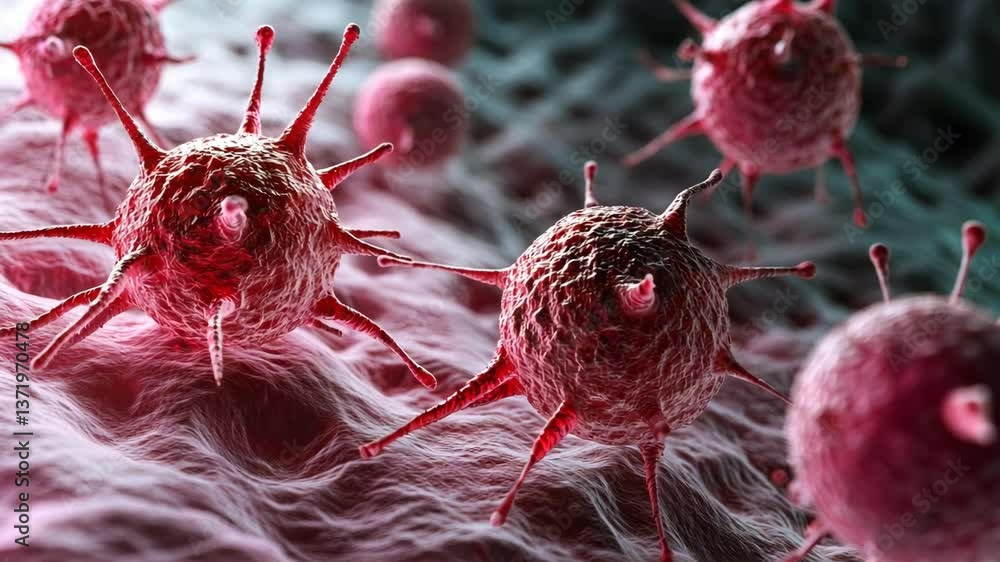 Poster close-up view of microscopic viruses with spiky surfaces against a textured background