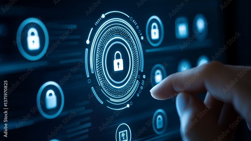 Poster cybersecurity concept, person protecting digital data with padlock on computer cybersecurity