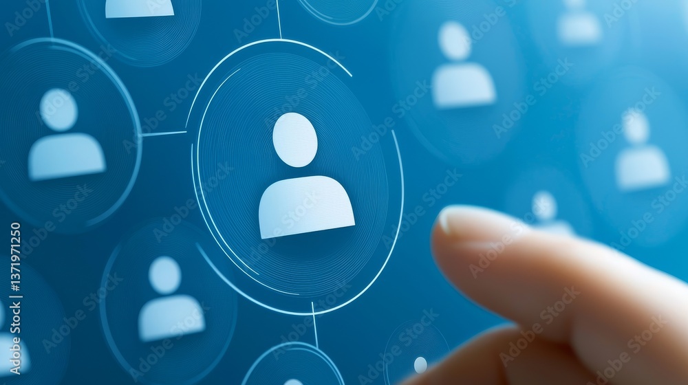 Poster hand activating button on dynamic blue background, a symbol of technological interaction and digital