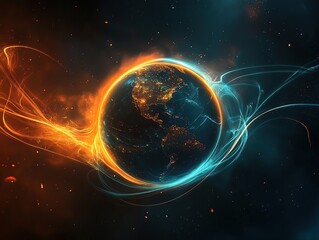 Obraz premium Earth's Energy Flows: A Dynamic Planet's Vibrant, Glowing Aura in Space, Illuminated City Lights at Night