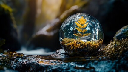 Achieving life goals nature's reflection in a glass sphere tranquil forest macro photography serene viewpoint