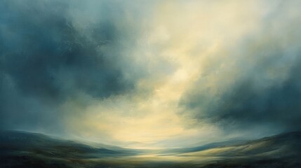 Naklejka premium Ethereal landscape with stormy skies and a luminous glow, capturing nature's powerful serenity