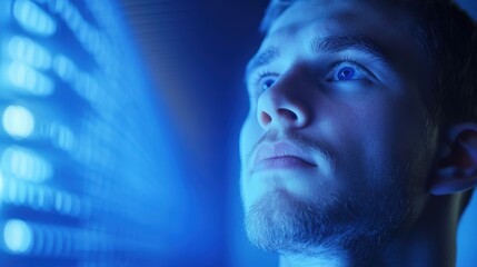 Man looks up, lit by blue light