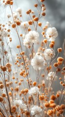 Delicate, dried flowers in warm, muted tones create a serene, almost ethereal aesthetic.  Soft light filters through the stems and blossoms