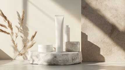 A simple yet sophisticated product mockup with a white skincare tube and matching packaging box placed on a smooth stone, with a light beige background for added elegance.