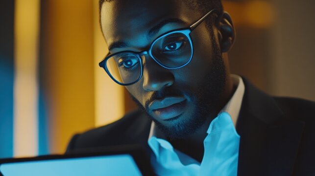 Serious Businessman Focused on Digital Tablet in Neon Lit Workplace