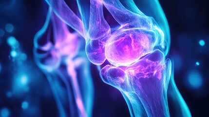 Obraz premium Intricate 3D knee joint visualization with a futuristic glowing effect