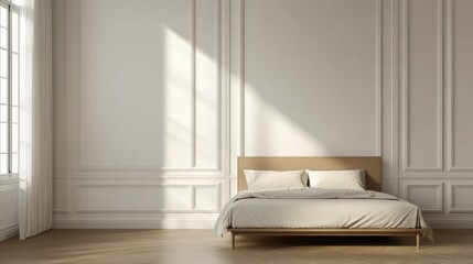 Clean bedroom features panel molding bed light wood floor