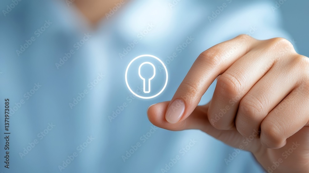 Poster finger activating a button, interface interaction between human and technology.
