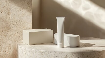 A serene and minimalist product photography showcasing a white cream skincare tube and box on a smooth stone surface, with a beige background providing subtle contrast.
