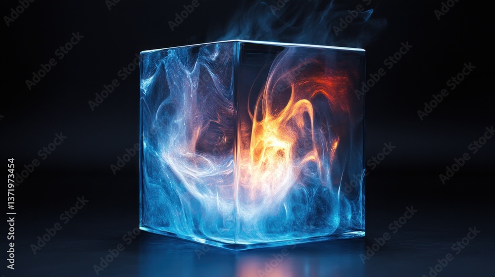 Aufkleber captivating energy core within a glass cube with dynamic hot and cold fusion