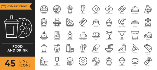 Food and drink icon set. editable stroke. Vector illustration