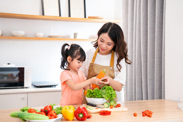 Mother and daughter preparing a healthy salad together in their bright modern kitchen