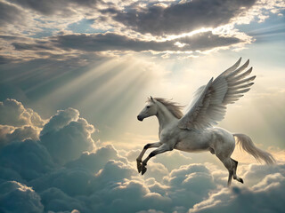 雲と雲の空間の薄明光線をバックに飛ぶペガサス