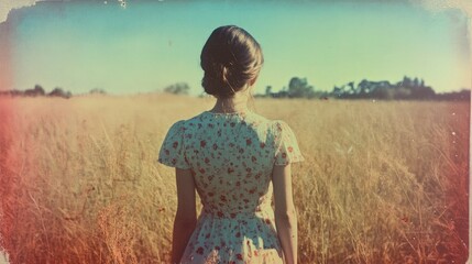 Woman in floral dress standing in a field, viewed from behind.