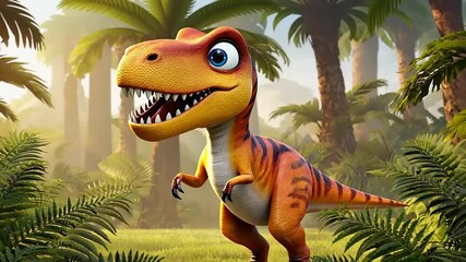 Colorful cartoon dinosaur standing in a lush prehistoric jungle with vibrant foliage and sunlight - Powered by Adobe