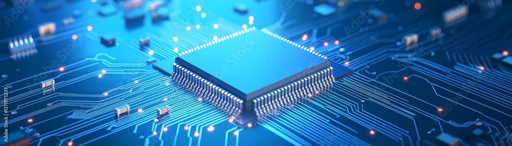 Aufkleber closeup of computer chip on circuit board, advanced technology in blue computer