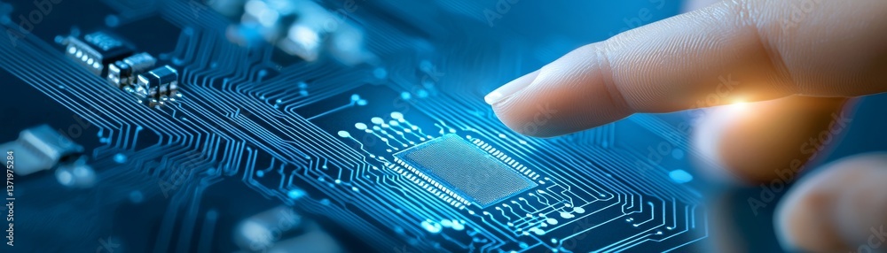 Poster finger initiating connection on an electronic circuit board, exploring the core of modern technology