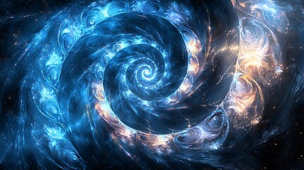 A spiral galaxy with blue and orange swirls