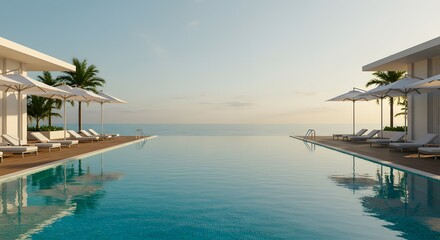 Fototapeta premium Serene Infinity Pool at Sunrise, Tropical Resort