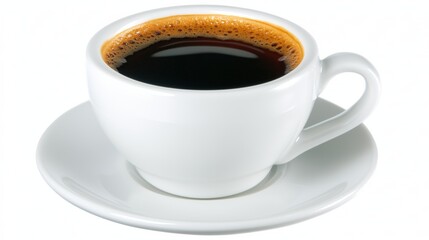 Classic white porcelain cup filled with black coffee on matching saucer, studio lighting with high contrast and soft shadow