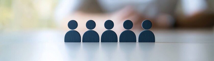 Five dark blue silhouette figures stand in a row on a light surface, representing a team or group.