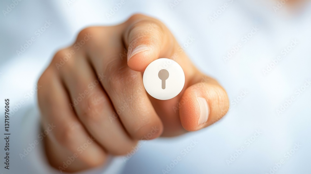 Poster unlocking potential, person holding a white key button symbolizing access and control
