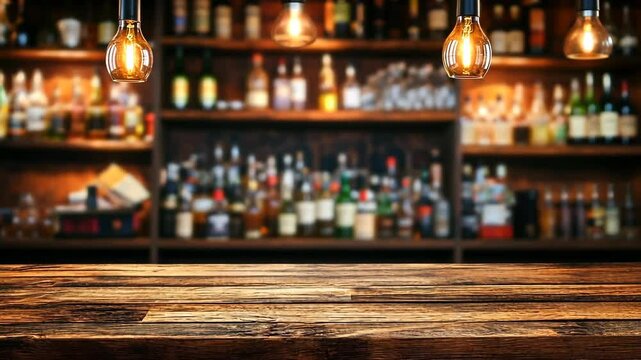 Cozy bar interior with warm lighting and a wooden counter showcasing various liquor bottles