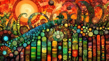Obraz premium Vibrant abstract painting of colorful flora and geometric shapes under a warm, orange sky