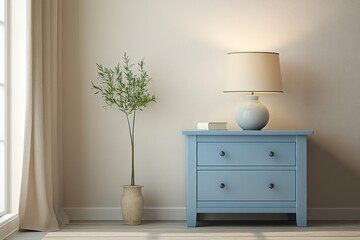 Blue dresser lamp plant and curtains in soft light