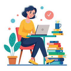 a woman is using his laptop sitting on a chair looking in the laptop  colourful vector on a white background