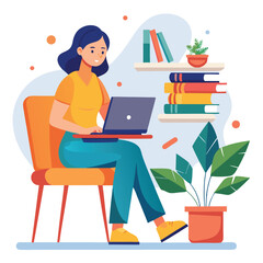 a woman is using his laptop sitting on a chair looking in the laptop  colourful vector on a white background
