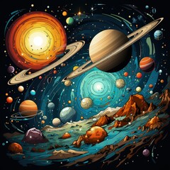 Incredible Space Illustration with Stars and Planets Moving Through the Universe
