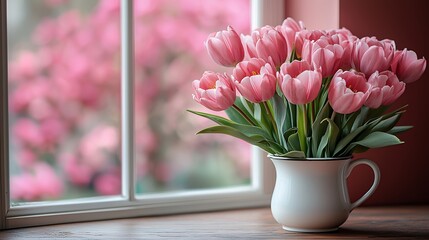 Obraz premium Delicate pink tulips in a white vase, elegantly placed on a windowsill, offer a serene view of a blurred garden outside