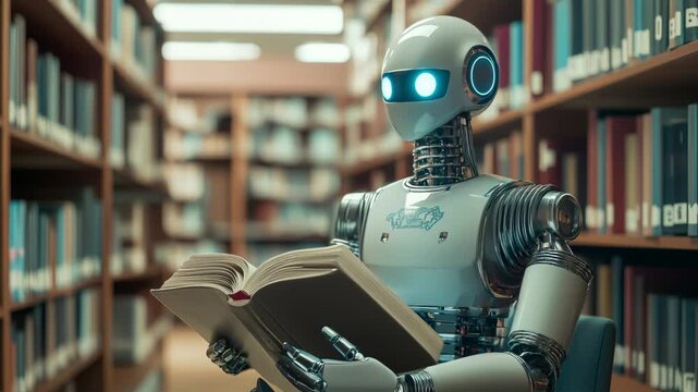 Ai robot in library reading book on text generation and information systematization

