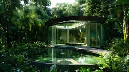 15. A futuristic glass garden house surrounded by lush greenery