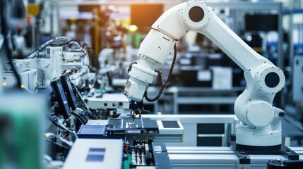 Robotic arm assembling smart home devices in a modern factory, high-tech manufacturing environment with robotic arms and electronic components, High-tech style