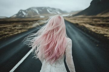woman with pink hairr in the road