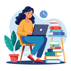 a woman is using his laptop sitting on a chair looking in the laptop  colourful vector on a white background