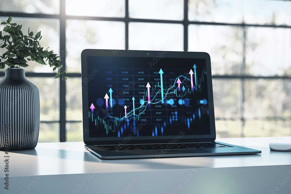 Poster laptop displaying financial stock market chart on office desk. 3d rendering
