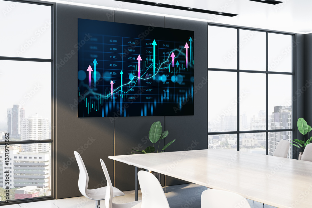 Aufkleber digital financial chart displayed on a large screen in a modern office conference room. 3d rendering