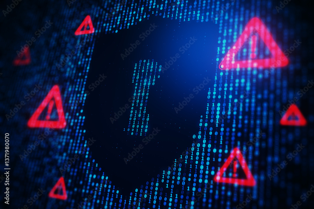 Poster Cybersecurity shield with binary code and warning symbols in digital space. 3D Rendering