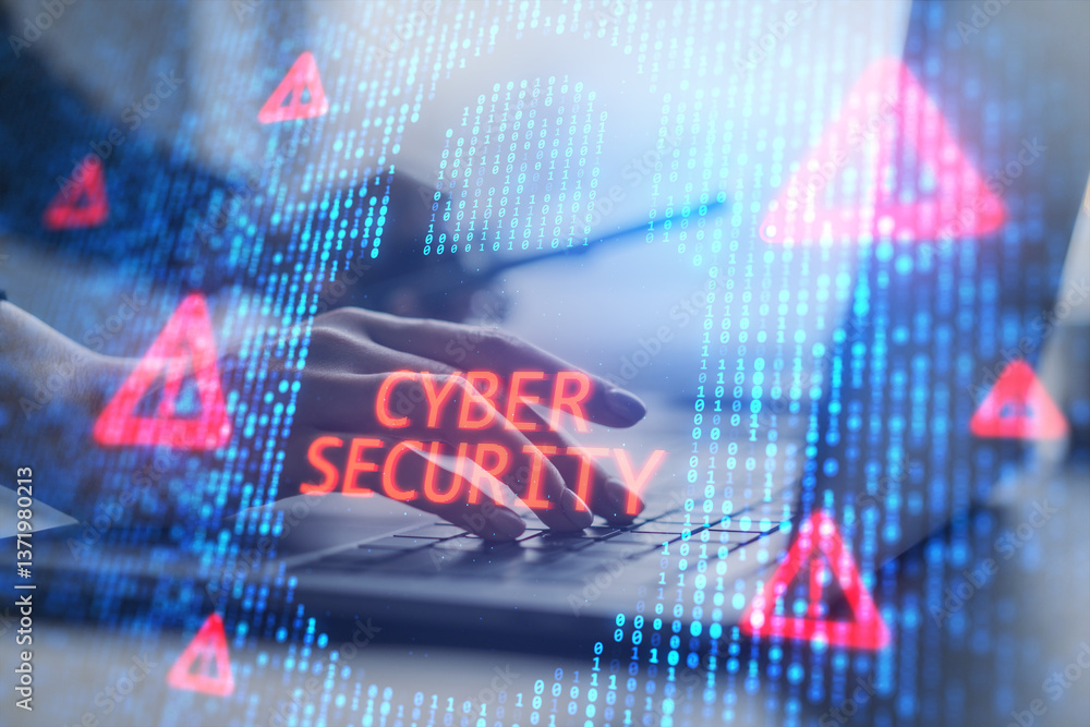 Poster Cybersecurity concept with hands typing on laptop, digital binary code, and warning symbols in blue and red tones.