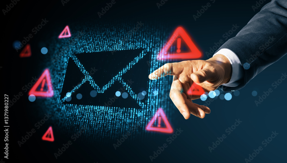 Poster cybersecurity email threat warning with holographic envelope and alert symbols.