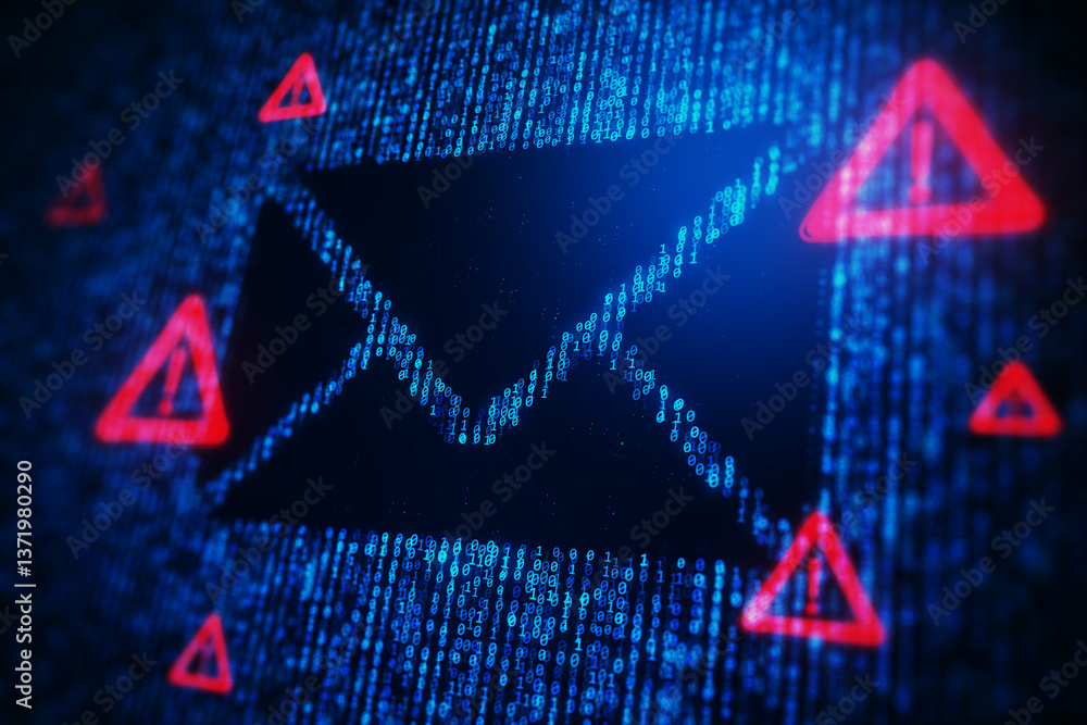 Poster Digital envelope with warning symbols in a futuristic cyber theme. 3D Rendering