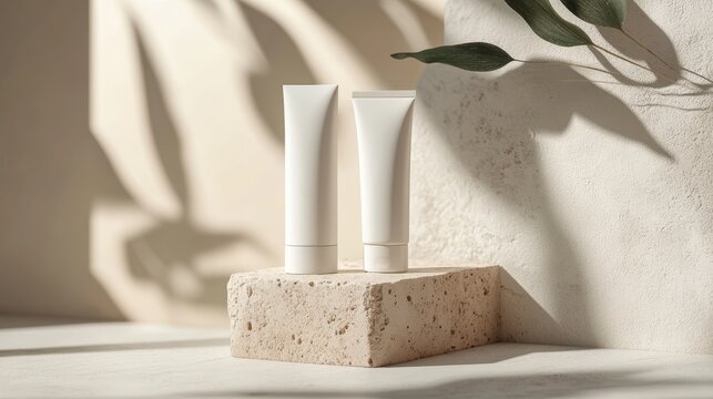 An upscale product photography showcasing a white cream skincare tube and packaging box on stone, with a light beige background giving it a premium look.