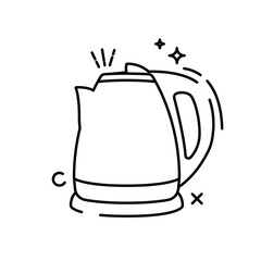 The image shows a cartoon illustration of an electric kettle. The kettle is light purple or gray with a darker purple or brown outline.